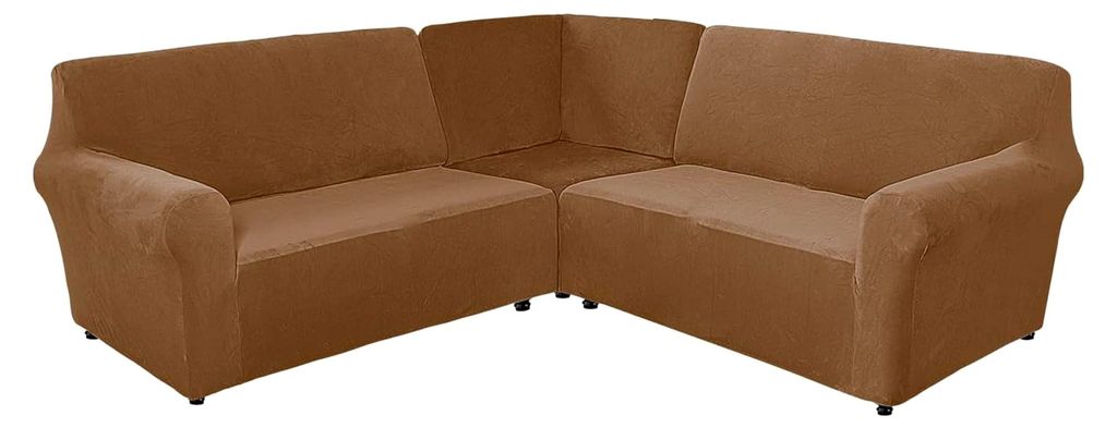 Samt-Stretch-Sofabezüge für 5-Sitzer, L-Form, waschbar, Möbelschutz, Eckbezug, Kaffeefarbe, pflegeleicht