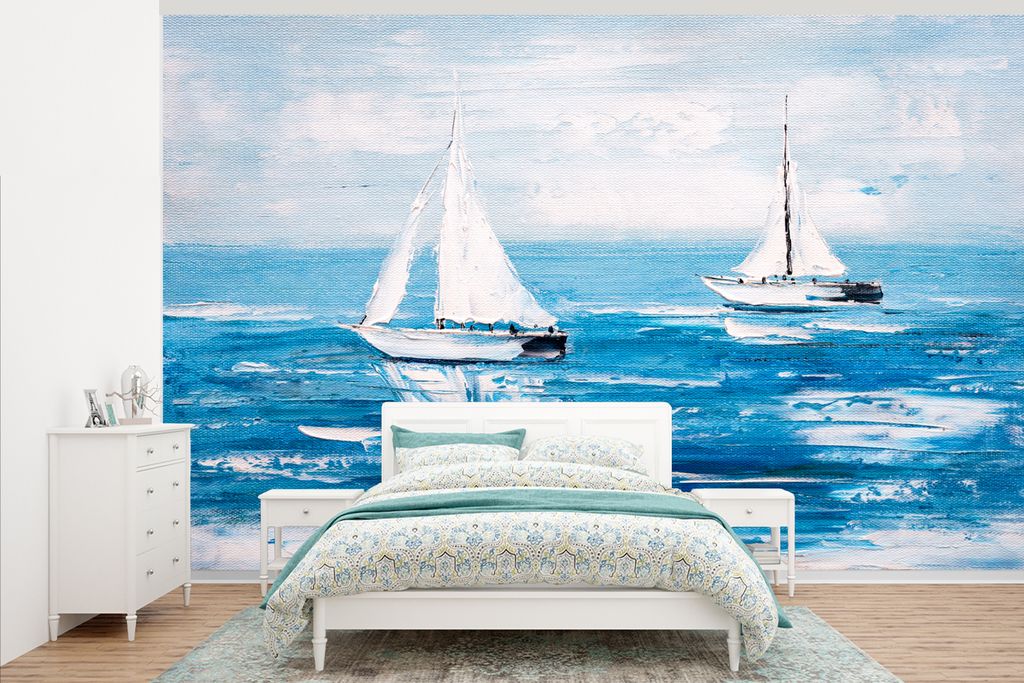 MuchoWow Fototapete für Wohnzimmer oder Schlafzimmer Wandtapete Vinyl Motivtapete Malerei - Ölfarbe - Boot - Wasser - 375x240 cm - Wand Tapete