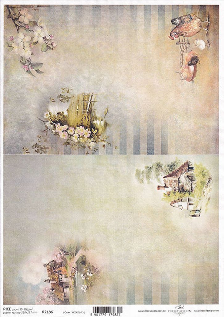 ITD Reispapier Decoupage Bastelpapier Softpapier Serviettentechnik, ländliche Ansichten, Hühner, Hühner, Häuschen R2186