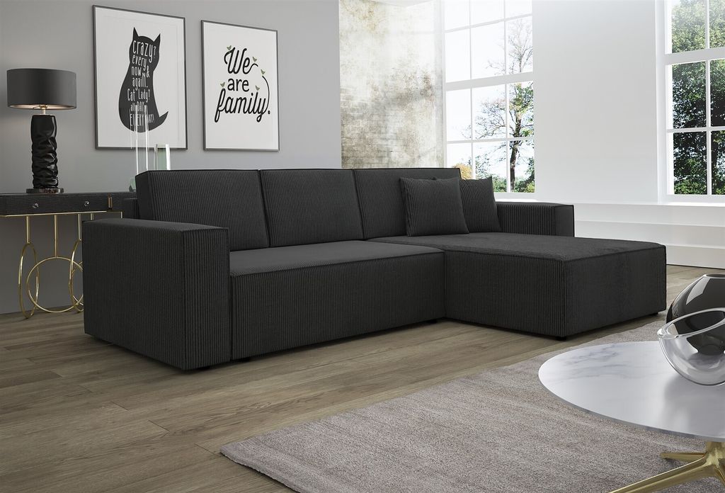 Ecksofa Schlafsofa Sofa CONOR Stoff Schwarz Ottomane Rechts Produktbild 
