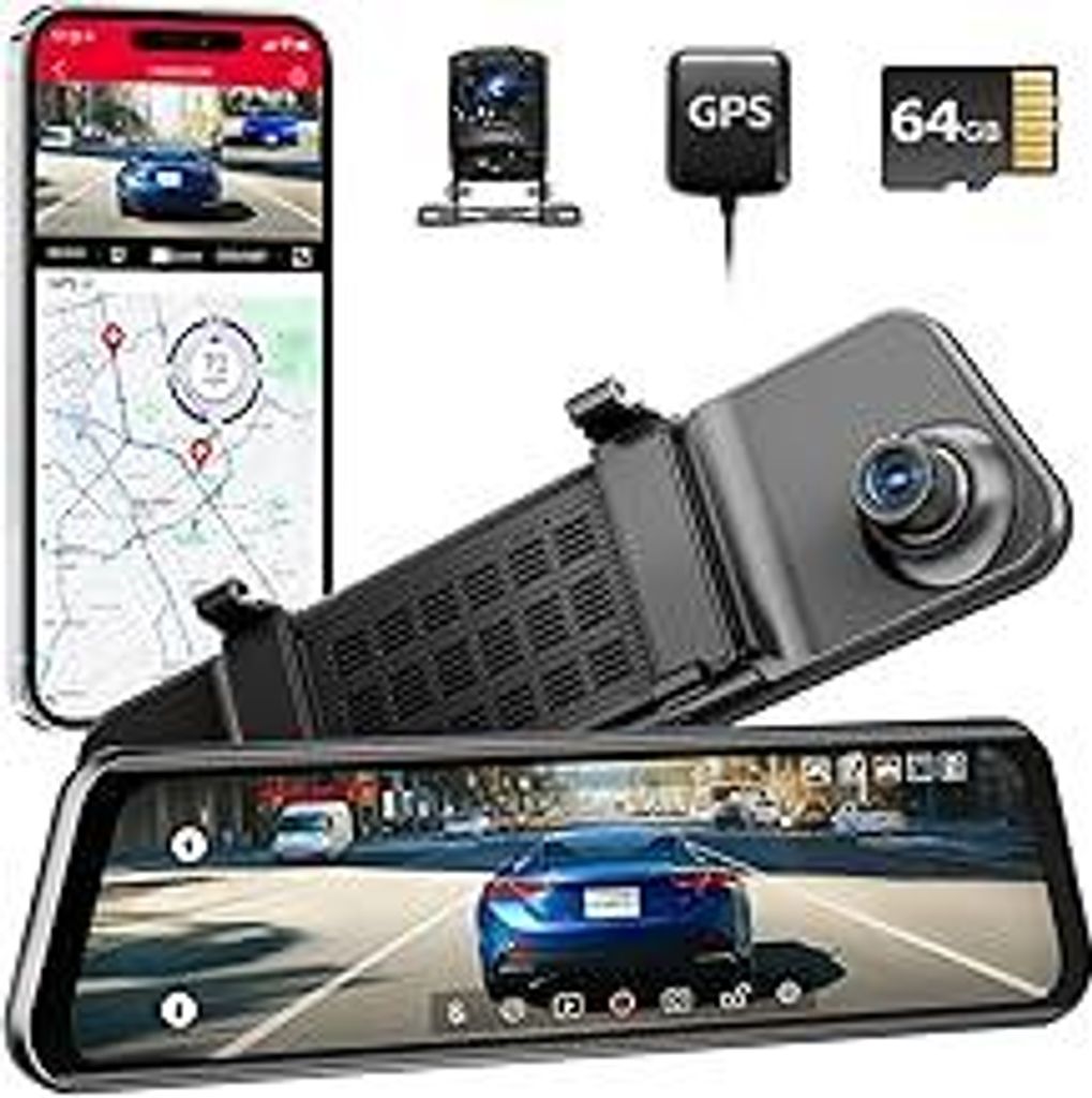 12 Zoll Rückspiegel Dashcam, 4K UHD Frontkamera & 2.5K Rückfahrkamera fürs Auto, mit ADAS BSD LCA Smart Mode, GPS, G-Sensor, Loop-Aufnahme, Park...