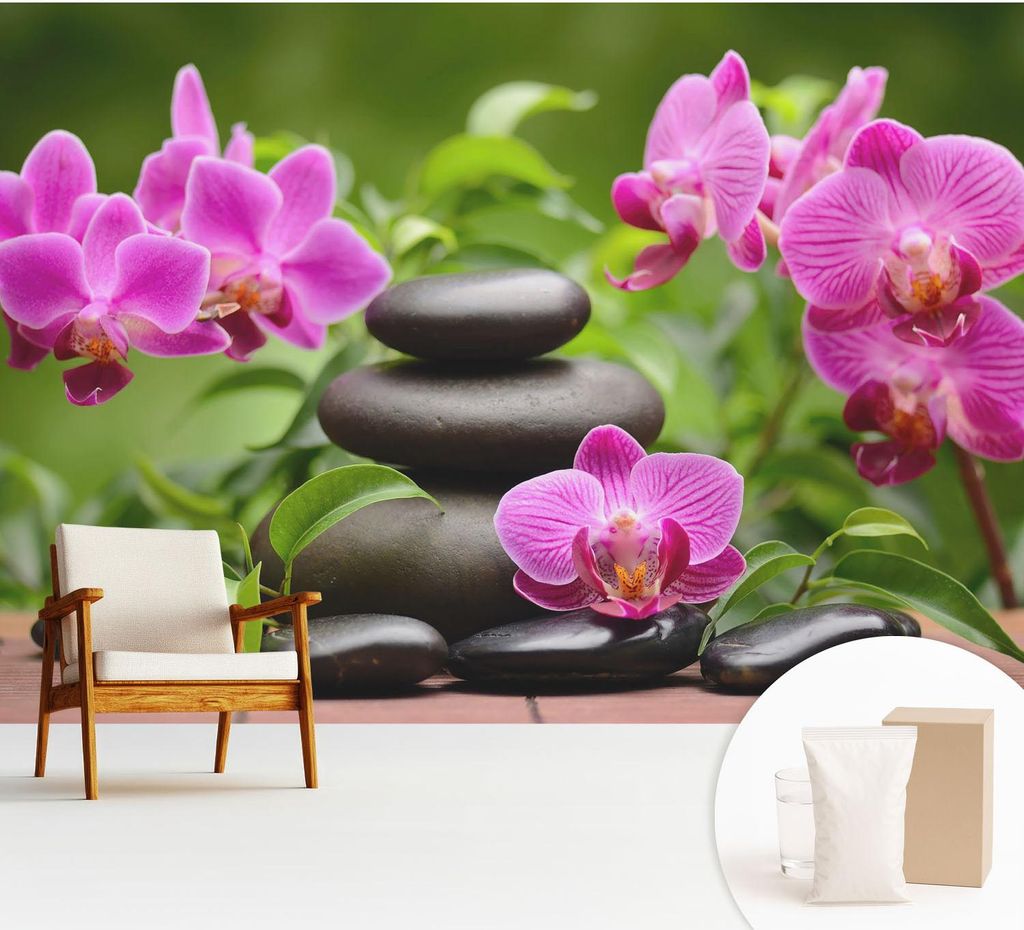 Fototapete - 312x219 cm - Tapete - Wandtapete - Wandbilder - Dekofolie - Tapete Folie - Wand - Dekoration - Wohnzimmer - Orchideensteine
