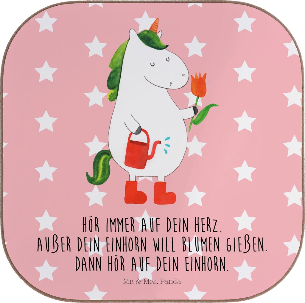 Mr. & Mrs. Panda Holzuntersetzer Einhorn Gärtner - Rot Pastell - Geschenk, Garten, Untersetzer Glas, Tassenuntersetzer, Giesskanne, gläserunterse...