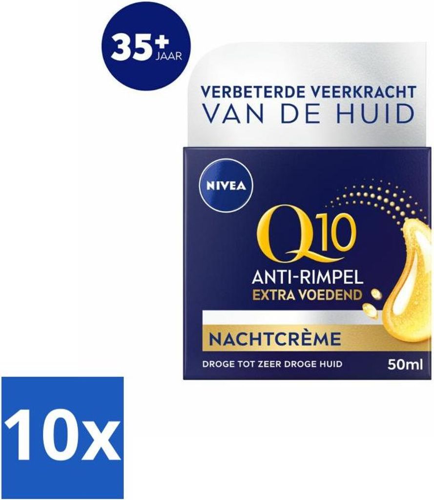 NIVEA - Nachtcreme - Q10 Extra Pflegend - Für trockene Haut - Anti-Falten - Mit Kreatin - 50 ml - Vorteilspack - 10 Stücke