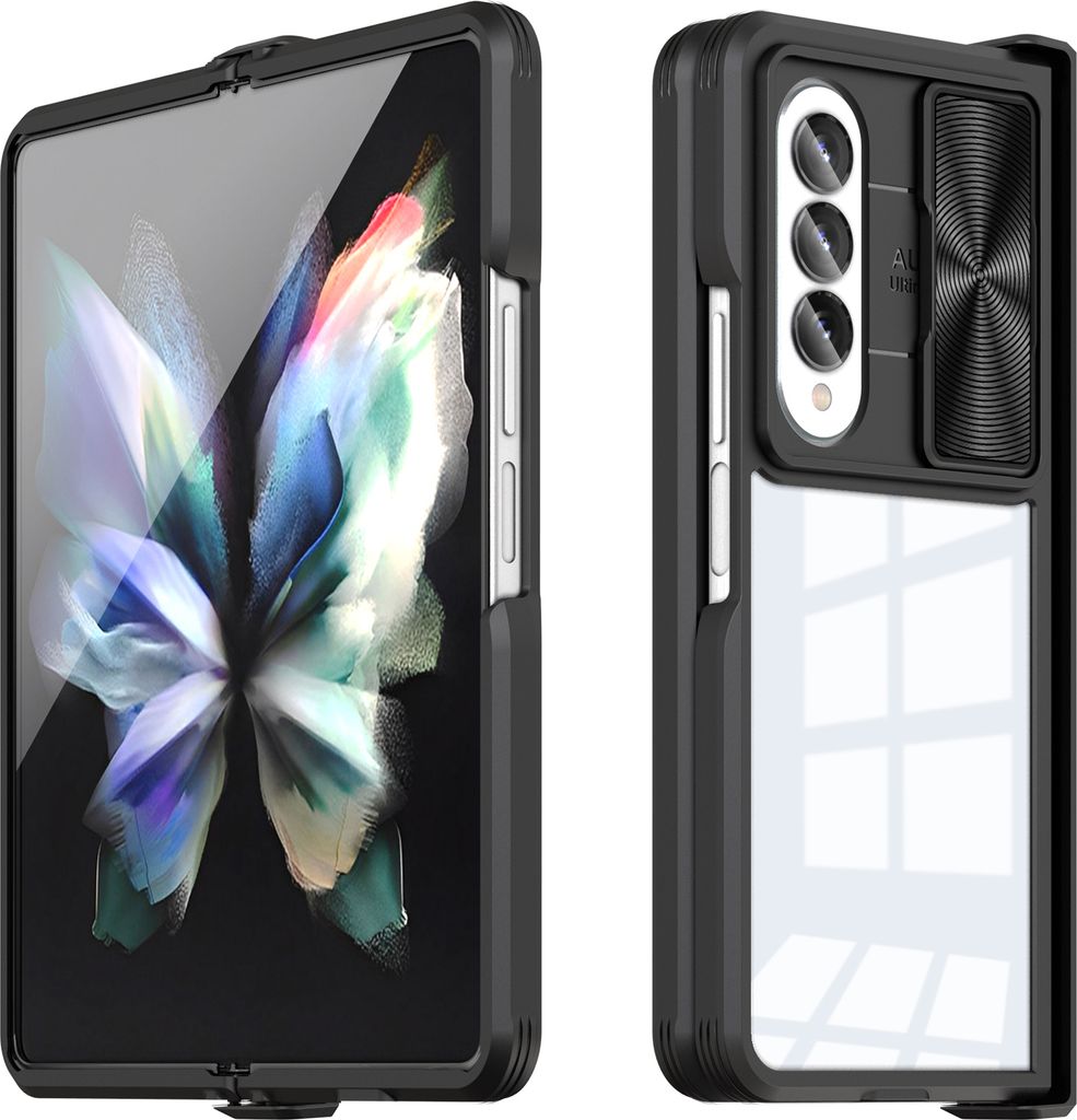 Hülle für Samsung Galaxy Z Fold 4 Transparent TPU Bumper Scharnierschutz Schutzhülle mit Schiebe Kamera Schutz Schwarz