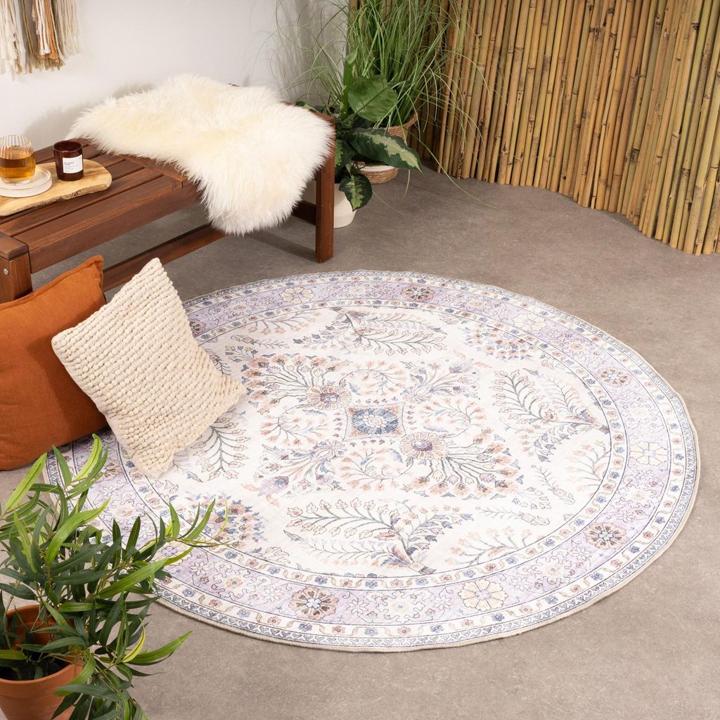 Vintage Gartenteppich Rund - Santo Flora Weiß - 80x150 cm - Balkon, Garten / Terrasse, Wintergarten - FRAAI | Home & Living - Boho, Klassik, Orien...