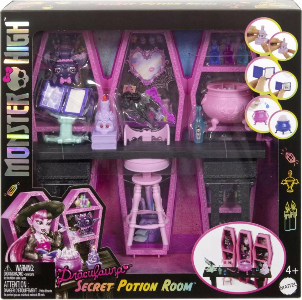 Mattel Monster High Draculaura Secret Potion Room Puppen-Spielset mit mehr als 12 Accessoires und überraschenden Verwandlunge