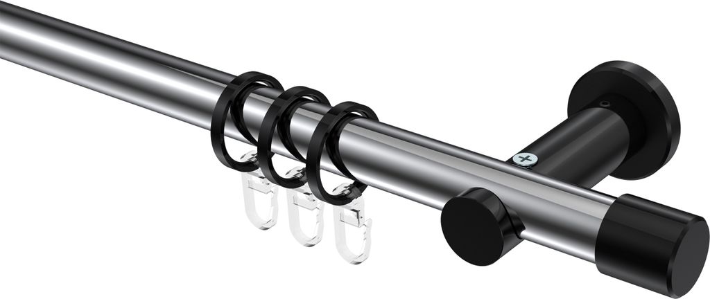 Interdeco Gardinenstange / Vorhangstange Chrom / Schwarz, Typ Platon Santo (Kappe), 20 mm Ø 1-läufig, 160 cm