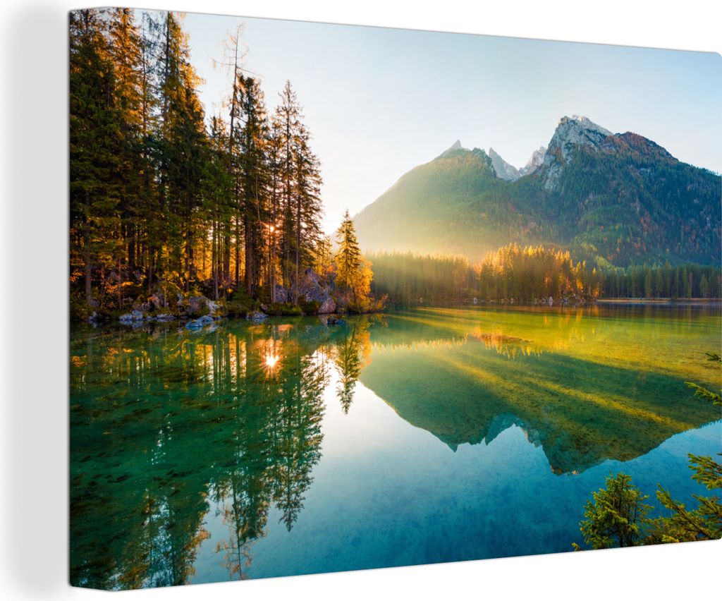 OneMillionCanvasses - Leinwandbilder - 150x100 cm, See - Wald - Berge - Natur - Sonne - Landschaft, Wandbilder Kunstdruck Wanddekoration - Foto a...