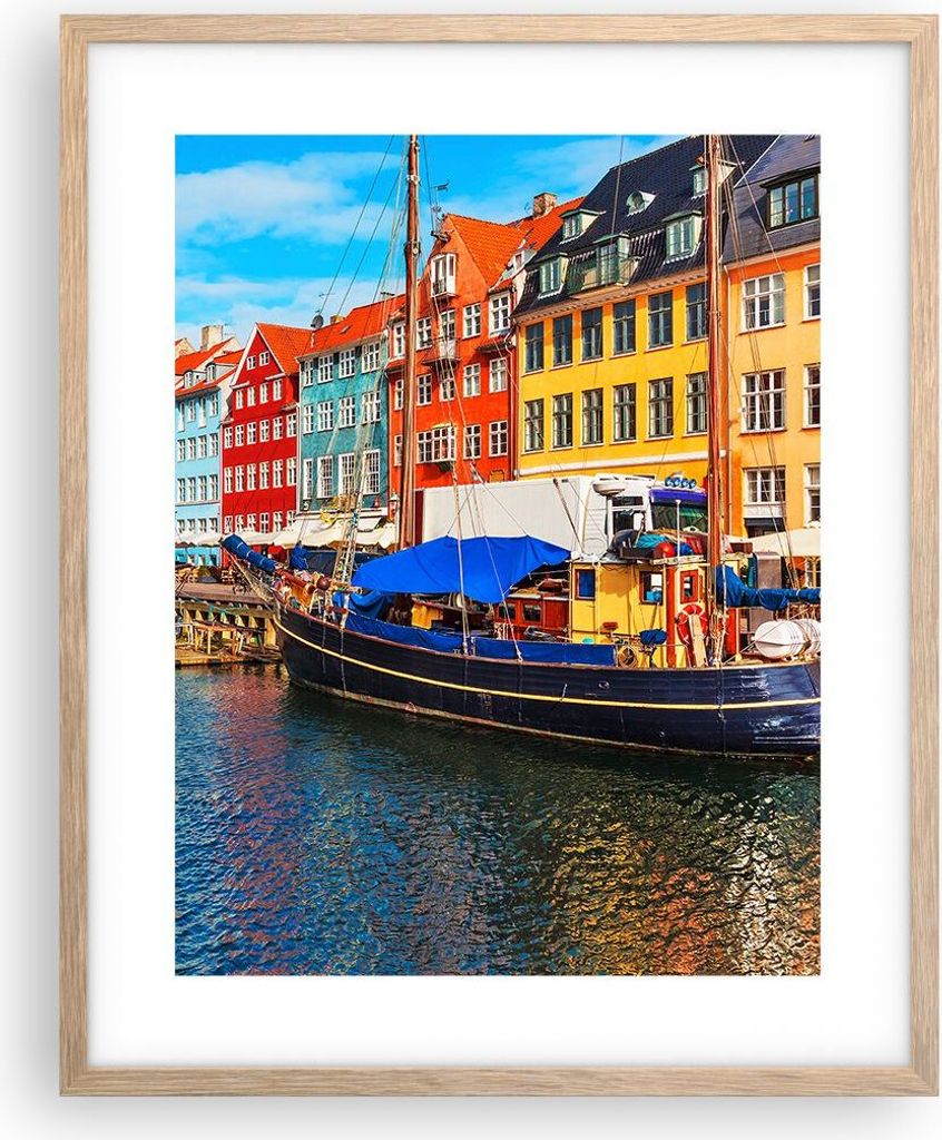 Gerahmtes Poster - Rahmen in heller Eiche - Kopenhagen Nahavn Schiffe - 40x50 cm - Wand Bild - Wanddeko - Wandbilder - Wandposter - Bilderrahmen - ...