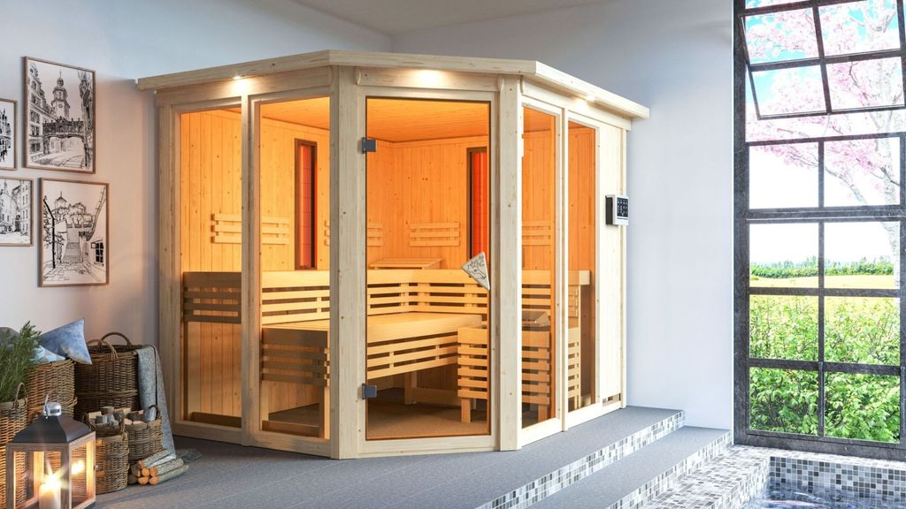 Karibu Sauna Innensauna Ava Eckeinstieg Ofen 9 kW externe Strg easy 245x210x202 cm mit Dachkranz