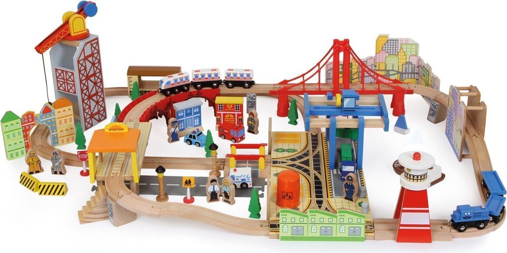 Legler small foot Holzeisenbahn Hafen, 100-tlg., Holz Eisenbahn, Spielzeug Kinder, 8553