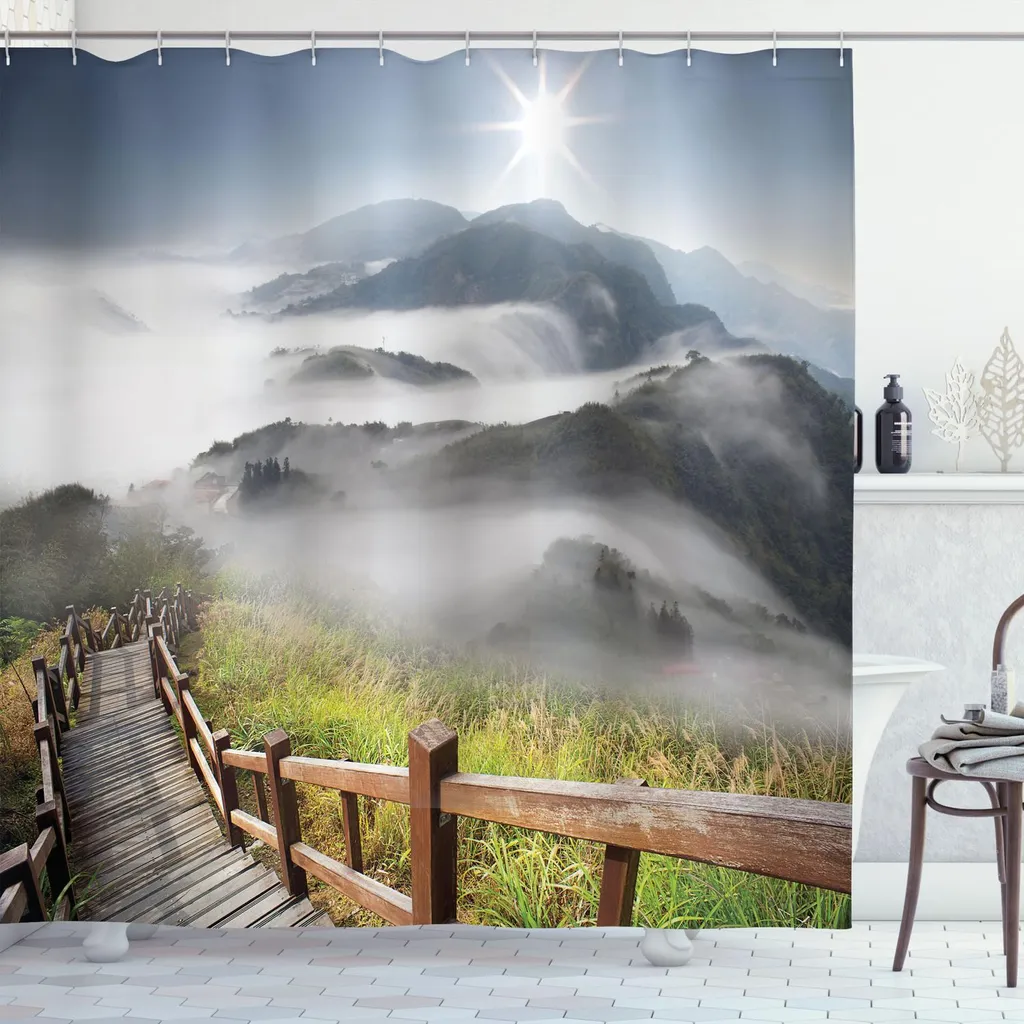 Tenda da doccia in montagna con paesaggio naturalistico, tenda da doccia all'alba nebbiosa foresta da bagno, decorazione impermeabile, con ganci, 175,3 x 177,8 cm