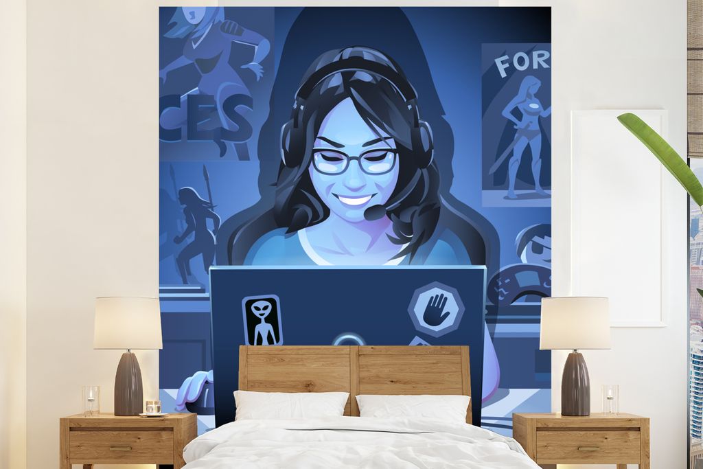 MuchoWow Fototapete für Wohnzimmer oder Schlafzimmer Wandtapete Vinyl Motivtapete Frau - Spielen - Laptop - Illustration - 210x260 cm - Wand Tapete