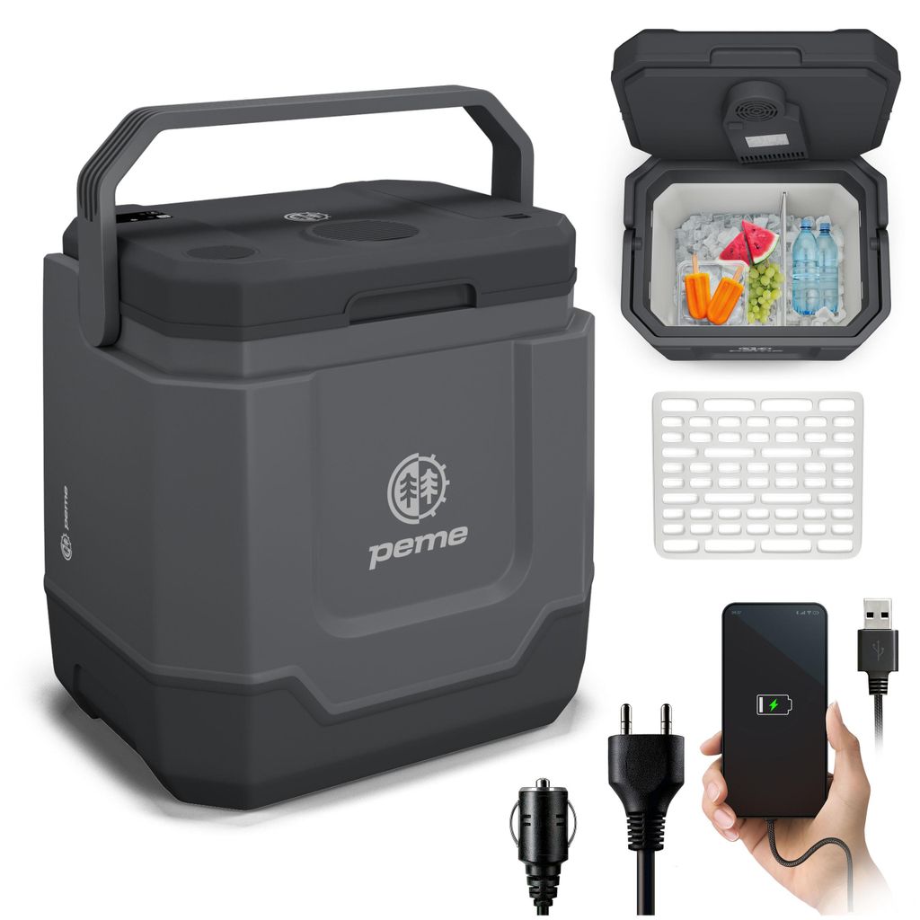 Peme Elektrische Kühlbox Trip 31,5L - Auto Camping Kühlschrank leise Bluetooth Lautsprecher Minikühlschrank Reise PKW LKW Outdoor, mit Strom & USB