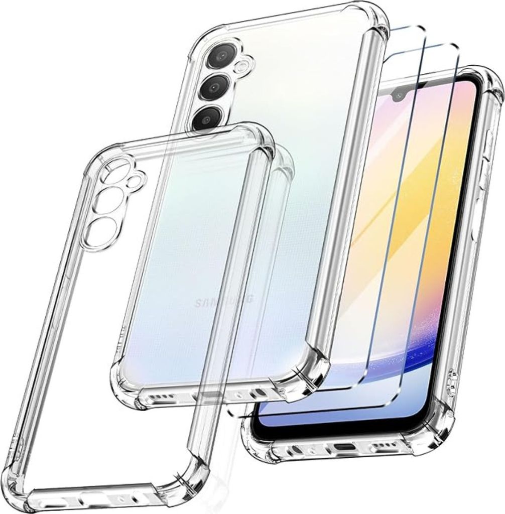 A clear TPU phone case and two screen protectors are displayed against a white background.