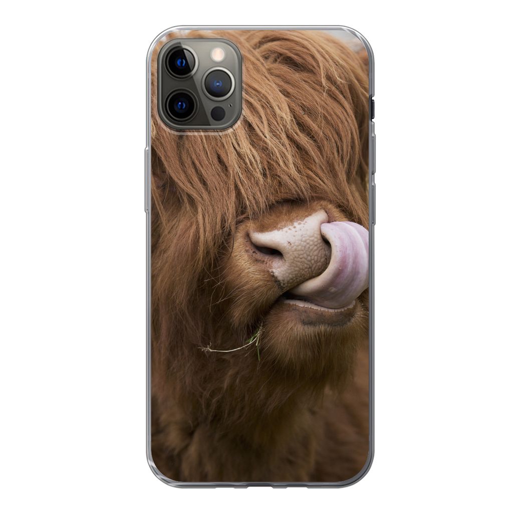 MuchoWow Handyhülle Schutzhülle Hülle für iPhone 12 Pro Max Schottischer Highlander - Braun - Kuh Silikon Softcase Handy Hülle - Hartschale