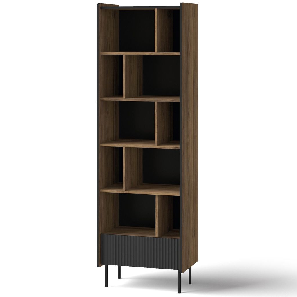 BEAUTYSOFA | Bücherregal PIANO | mit 10 Einlegeböden, Schublade | Regale | Standregal | Wohnzimmerschränke | Schwarz und Nussbaum | Modern Stil