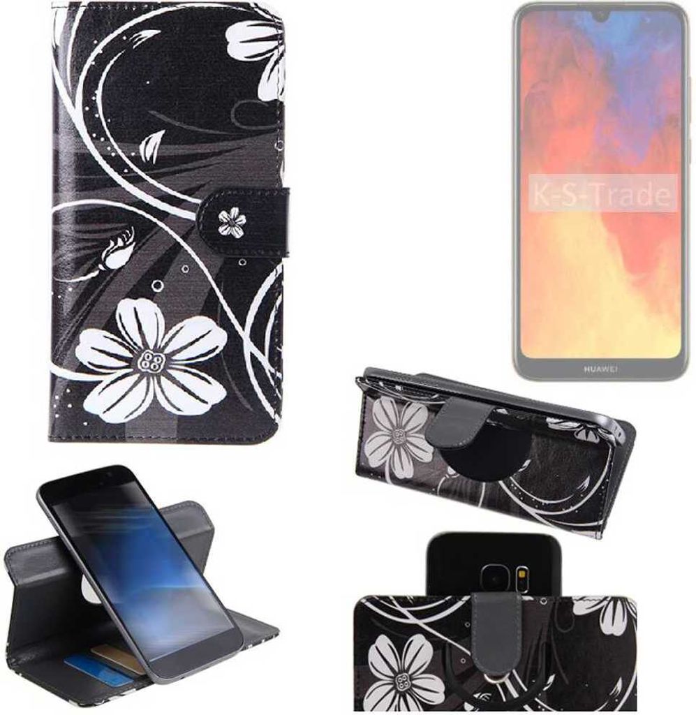 K-S-Trade Schutzhülle Handyhülle kompatibel mit Huawei Y6 (2019) Hülle 360° Wallet Case ''Flowers'' Klapphülle Hülle schwarz-weiß 1x