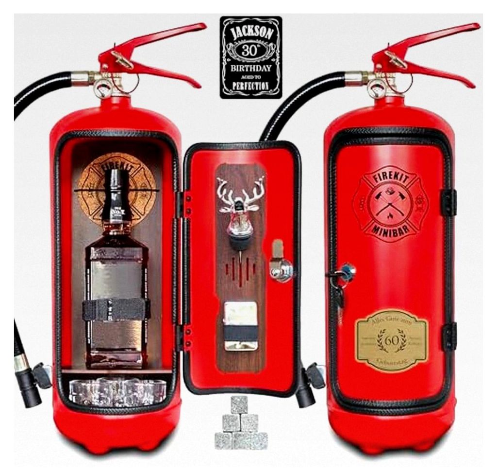 Minibar im Feuerlöscher-Design mit 7-teiligem Zubehörset inkl. 3 Schnapsgläsern, Whiskysteinen, Schnapsausgießer, Feuerzeug und Korkuntersetzer