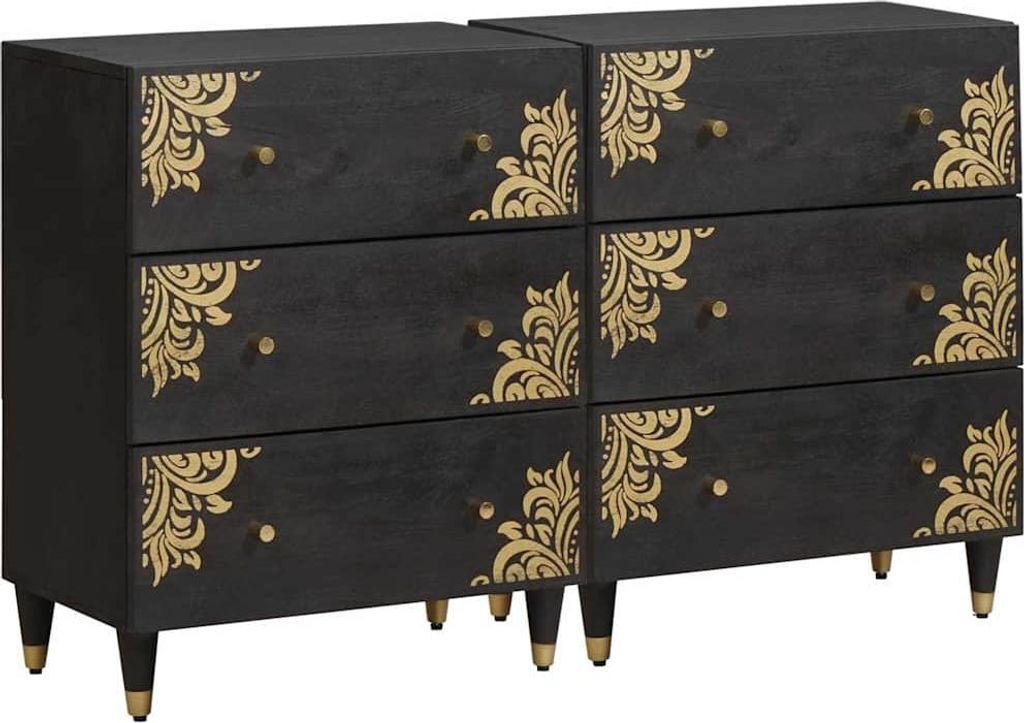 "Schlussverkauf" Sideboard 2 Stück - Standschrank Mit Stauraum - Schwarz 60x33x75 cm Massivholz Mango C6479