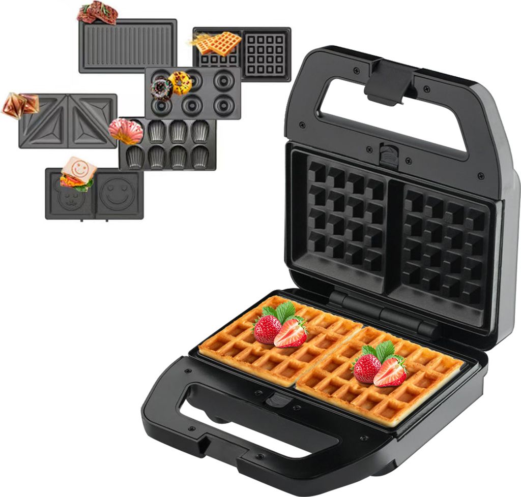 Elektrischer 6-in-1-Sandwich-Maker, Fruehstuecksmaschine mit 6 herausnehmbaren Antihaftplatten, doppelseitige Heizung, Waffeleisen, Donut-Maker, Pa...