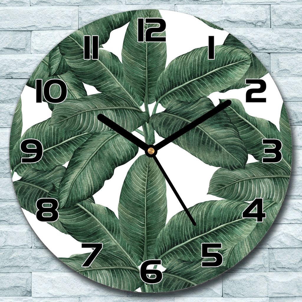 Wanduhr aus Glas Rund fi 30 Grüne Palmblätter Quarz Deko Wohnzimmer Büro