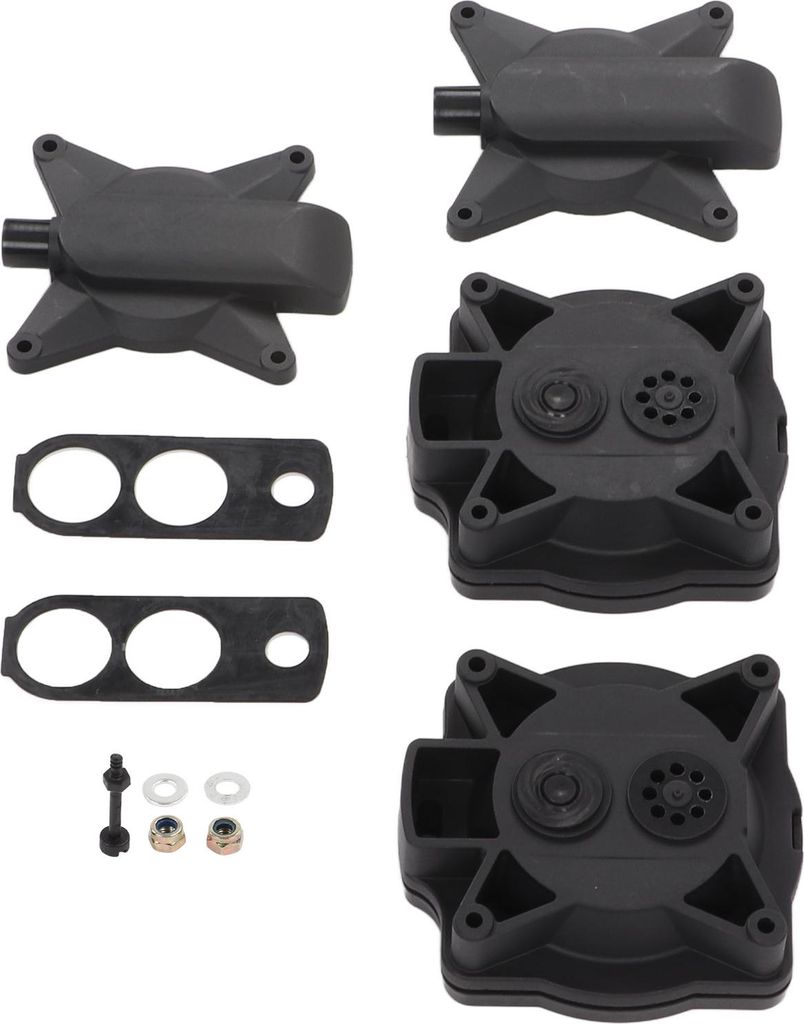 A collection of black plastic parts for an air pump repair kit, laid out on a white background.