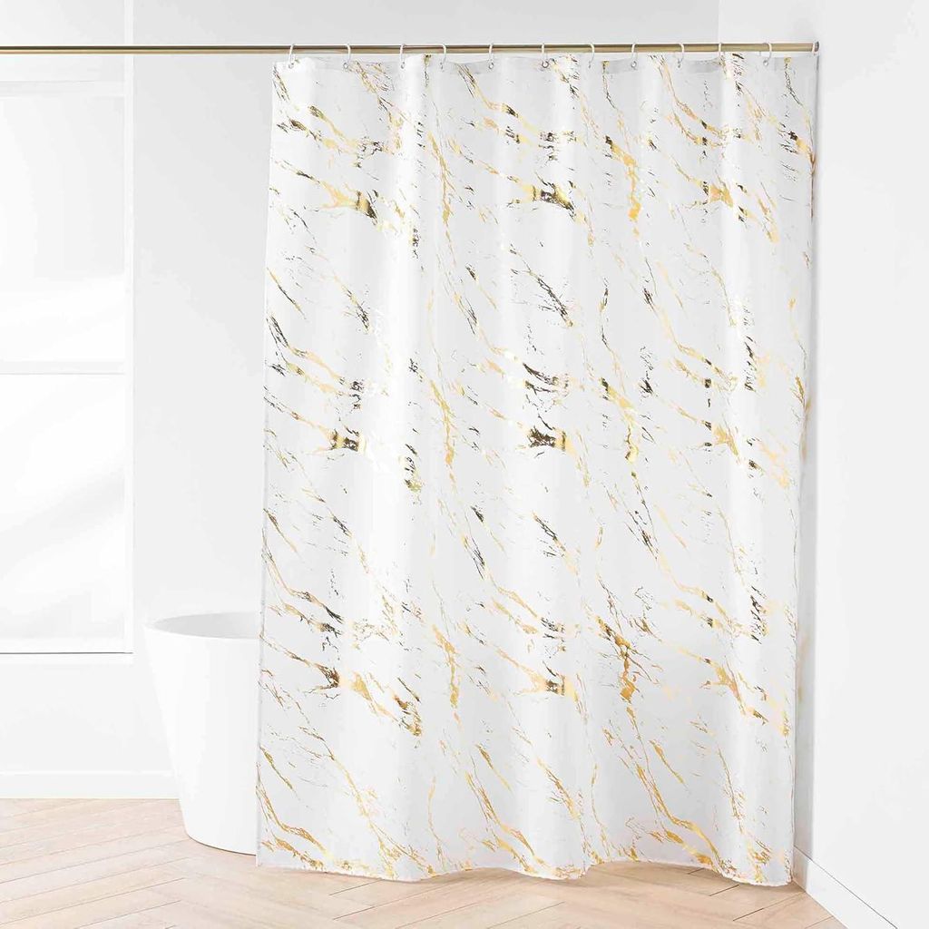 Duschvorhang mit Haken (180 x 200 cm), Aquamarble Wei?/Gold, Metallic-Druck, Polyester