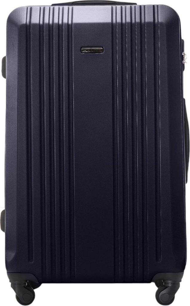 A dark blue, hard-shell suitcase shown from the front.