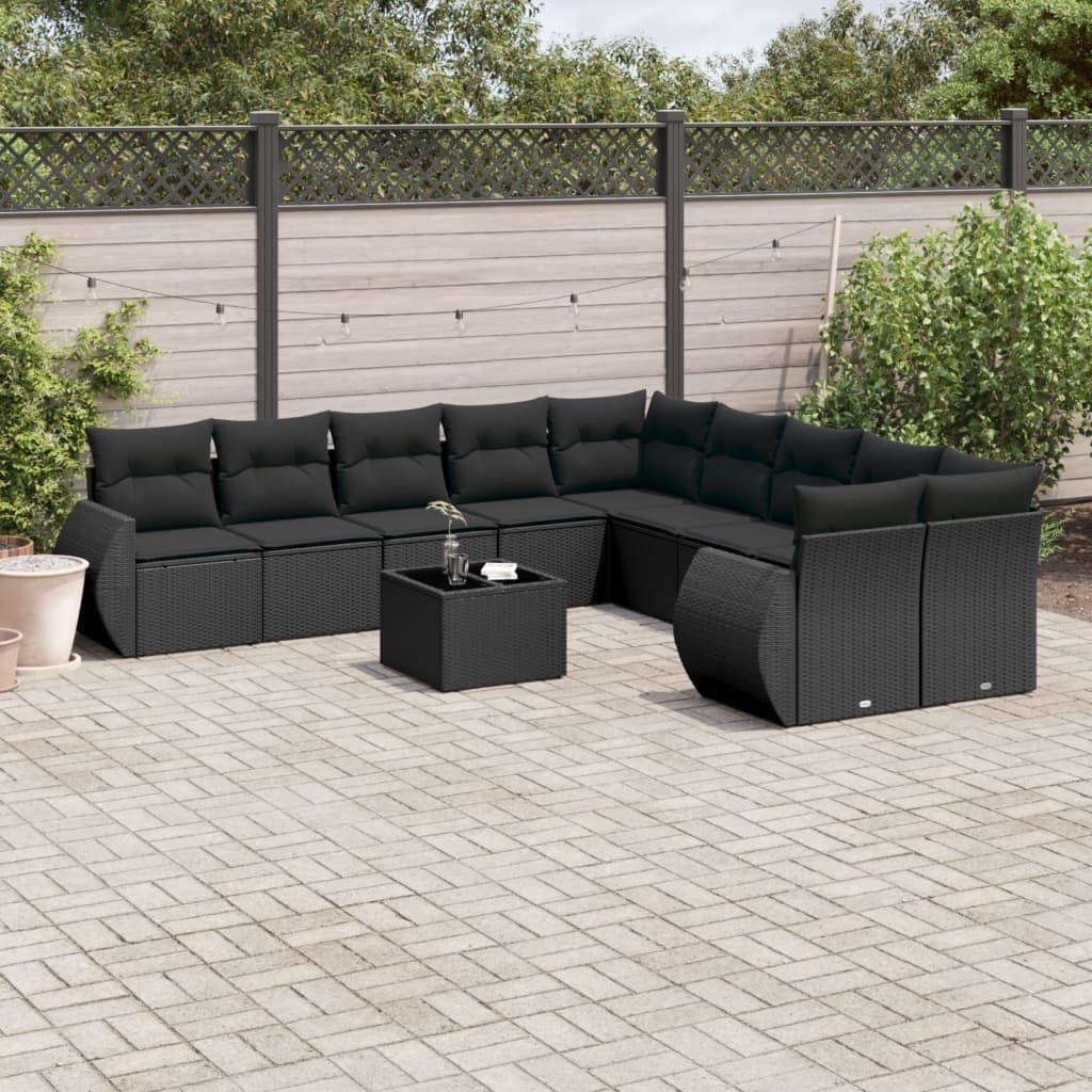 Ankonbej 11-tlg. Garten-Sofagarnitur mit Kissen Schwarz Poly Rattan