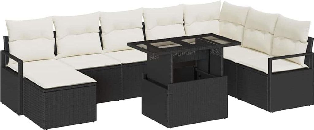 vidaXL Garten-Sofa-Set mit Speicher 9 pcs Schwarz Poly Rattan