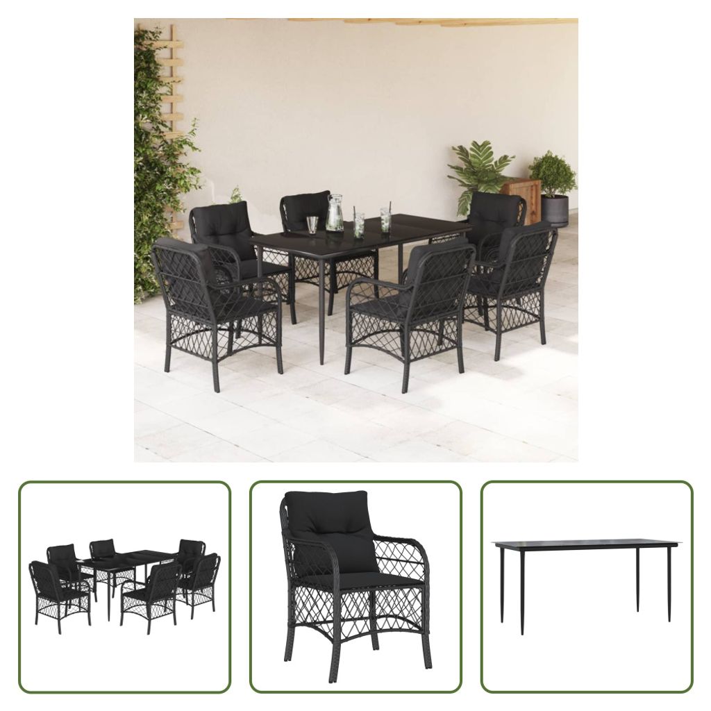 The Living Store 7-tlg. Garten-Essgruppe mit Kissen Schwarz Poly Rattan