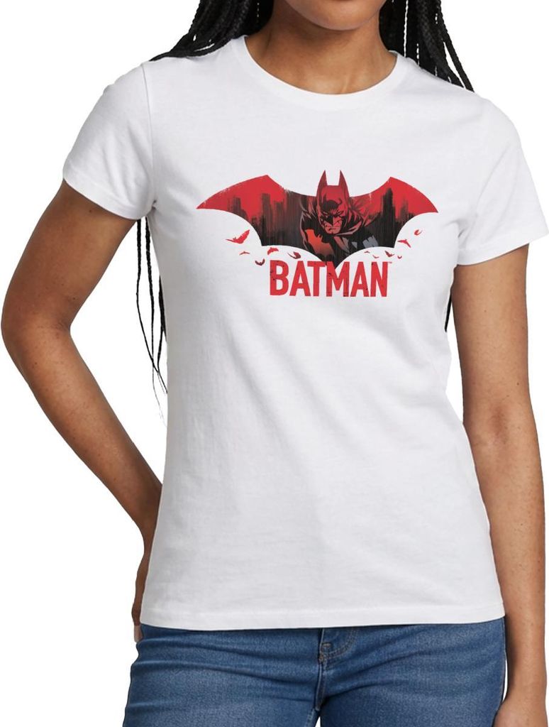 Spreadshirt Batman Mit Fledermäusen Und Rotem Batman-Logo Frauen T-Shirt, M, Weiß