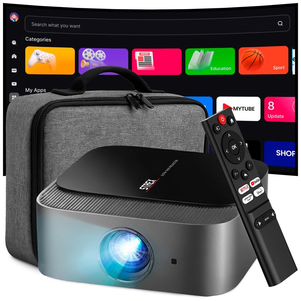 Strex Beamer - Smart 1080P Full HD Projektor - 4K Unterstützung - WiFi & Bluetooth - Eingebaute Lautsprecher - Tragbarer Mini Beamer Heimkino - Wh...