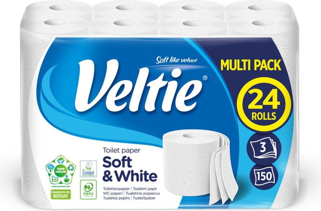 Veltie Toilettenpapier Klopapier 3lagig Klassisch 24 Rollen à 150 Blatt 48 Packungen Vorrat weich saugfähig hautfreundlich stabil für Bad und WC