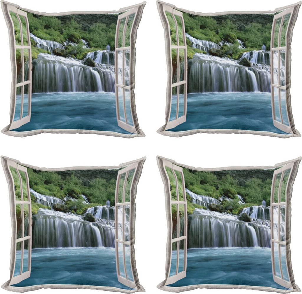 ABAKUHAUS Wasserfall Kissenbezug Set (4 Stück), Majestic Paradise, Moderner Doppelseitiger Digitaldruck, 60 cm x 60 cm, Blau Grün