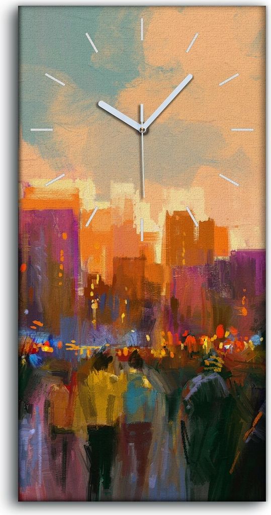 Dekor Leinwand Uhr Wandbilder Quarz 30x60 Stadt Menschen bunte Himmel Gebäude - weiße Hände