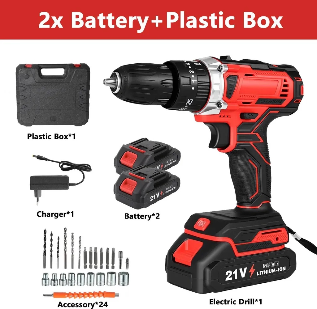 Set Trapano Avvitatore a Batteria 21V Rosso - Kit 29 Pezzi Professionale