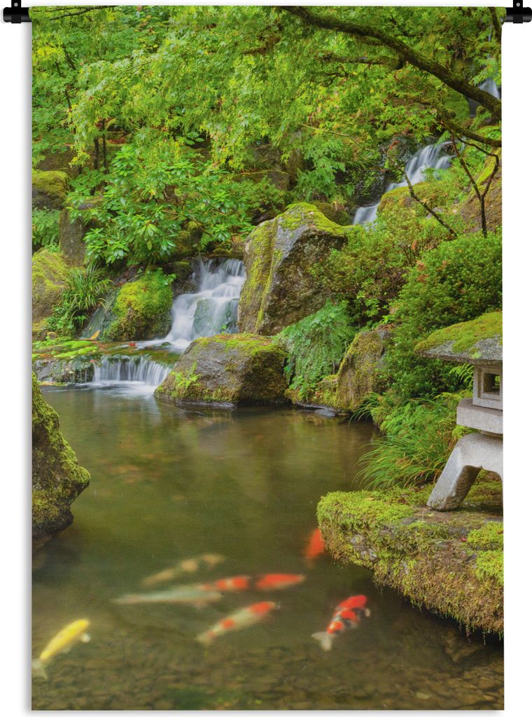 MuchoWow Wandteppich Wandbehang Wasserfall - Koi - Japanische Laterne - Moos - Wasser 90x135 cm Tapisserie Dekoration Wandtuch - Baumwolle - Wand...