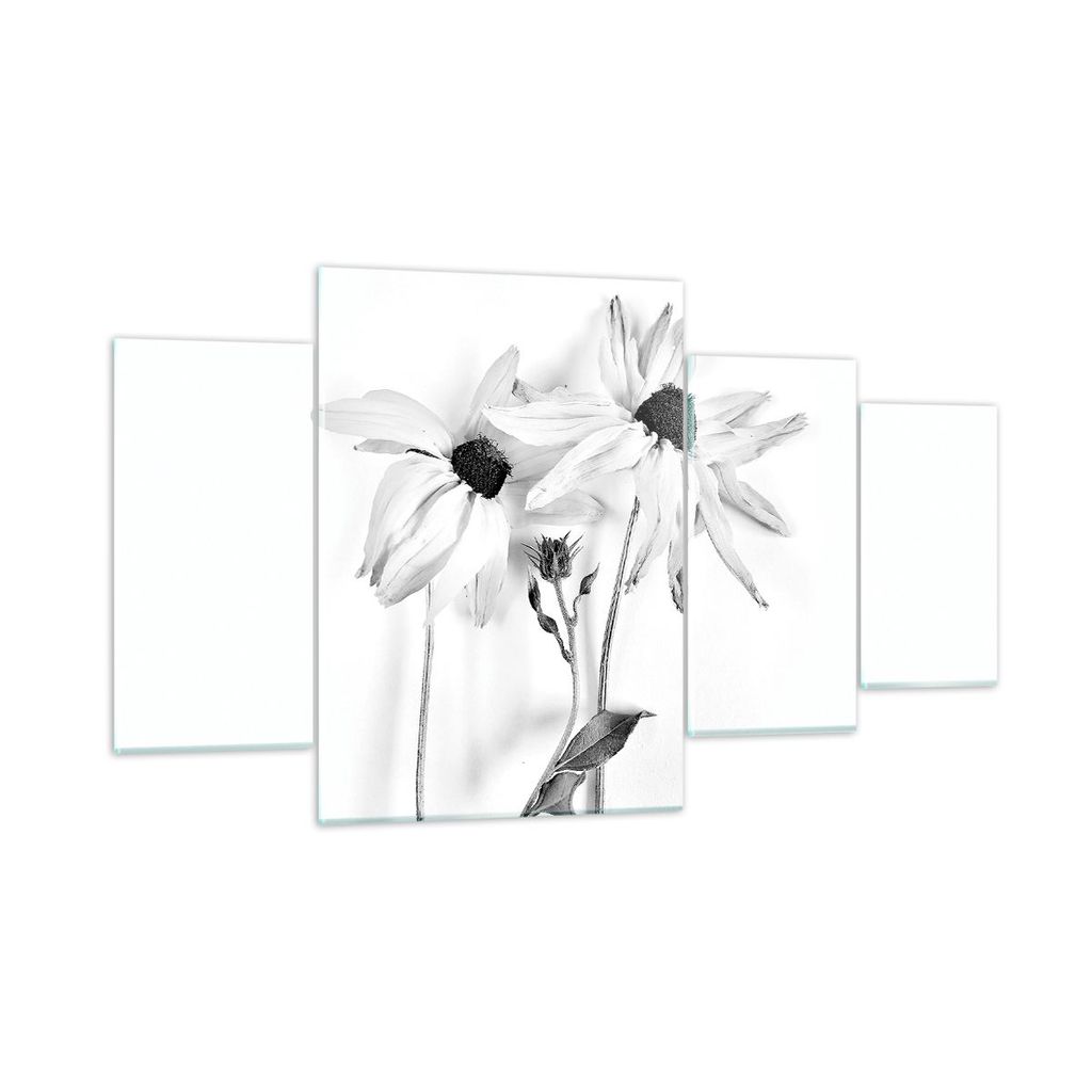 Bilder auf glas - 4 Teile - Verwelkt Blumen Monochrom - 160x90cm - Glasbilder - Wandbilder - Bilder - zum Aufhängen bereit - Wanddekoration aus Gl...