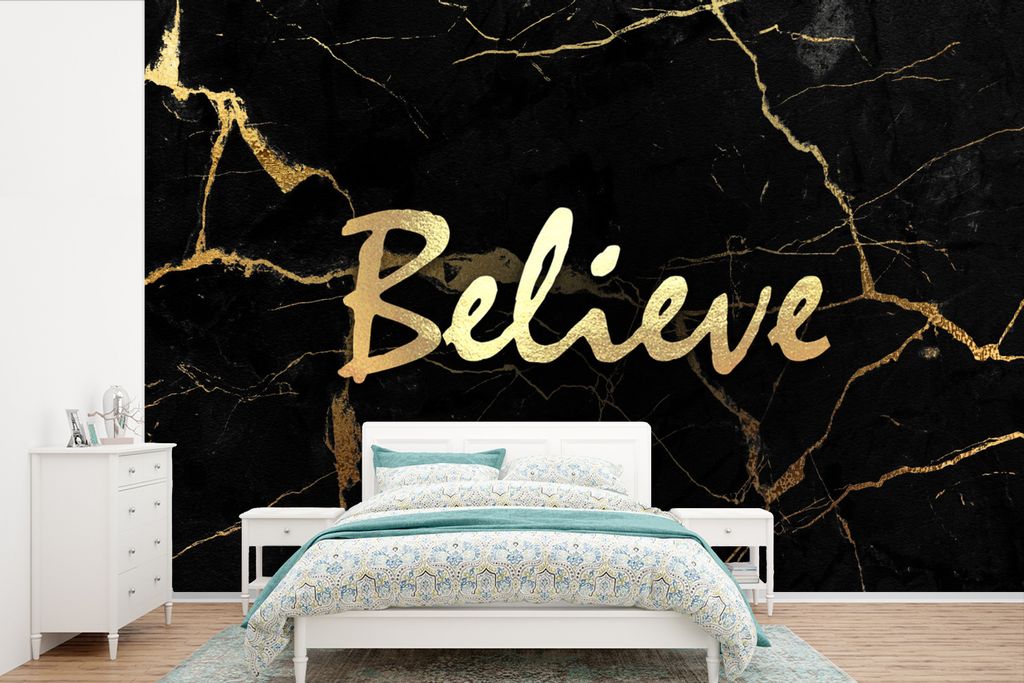 MuchoWow Fototapete für Wohnzimmer oder Schlafzimmer Wandtapete Vinyl Motivtapete Zitat - Hoffnung - Gold - Marmor - 360x240 cm - Vinyl-Tapete