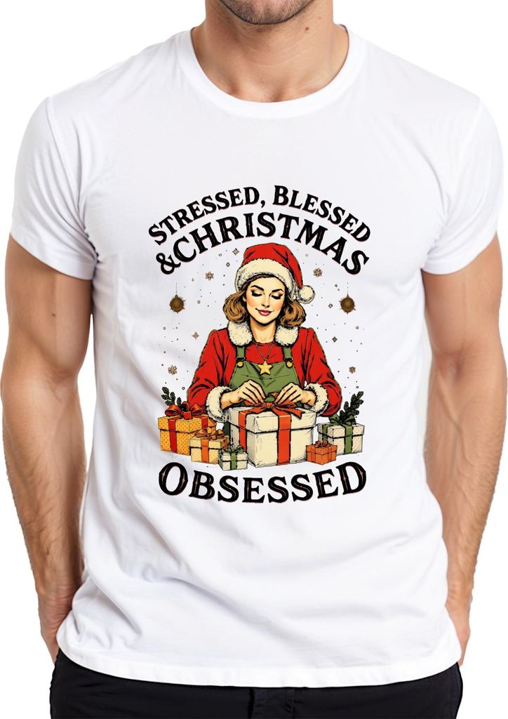 Stressed Blessed Christmas Obsessed Weihnachten Geschenk Vintage Herren T-Shirt, Weiß, XL