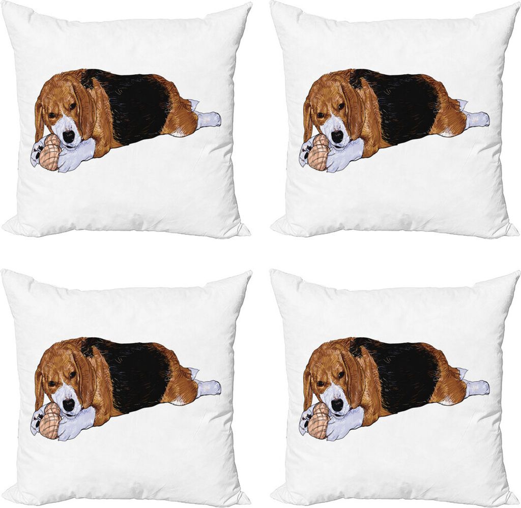 ABAKUHAUS Beagle Kissenbezug Set (4 Stück), Hund mit Toy Play Time Art, Moderner Doppelseitiger Digitaldruck, 40 cm x 40 cm, Caramel Grau
