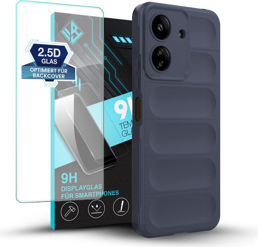 Handy Hülle für Xiaomi Redmi 13C mit 9H Displayglas Displayschutz Plus Grip Case Cover Schutzhülle Softgrip Farbe: Dunkelblau