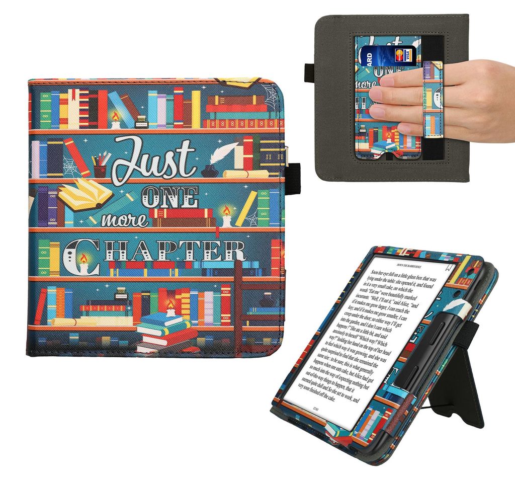 kwmobile Flip Cover kompatibel mit Kobo Kobo Libra Colour / Tolino Vision Color - Hülle mit Handschlaufe Bibliothek Motto Mehrfarbig