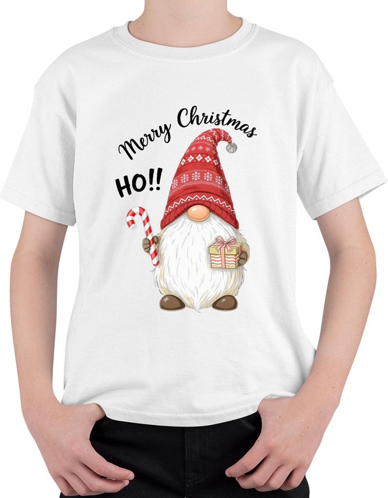 Merry Christmas HO!! Weihnachten Wichtel Gnom Zuckerstange Mütze Uni Kinder T-Shirt, Weiß, 104