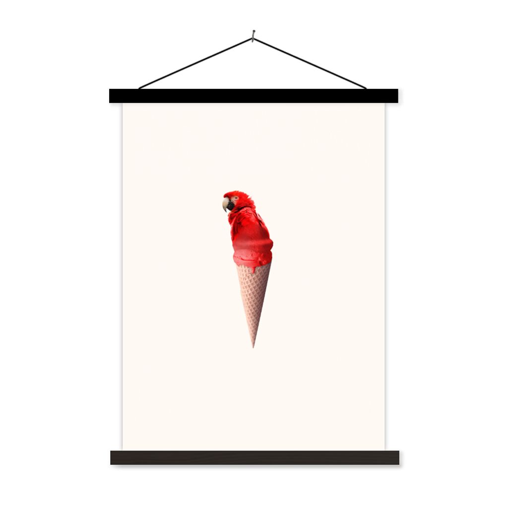 MuchoWow Textilposter Eiscreme - Papagei - Rot - Eistüten - Weiß 60x80 cm mit schwarzem Rahmen - Plakathalter