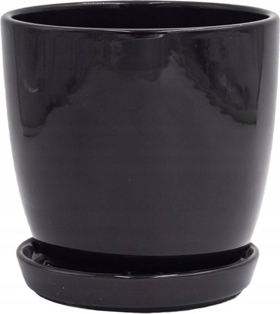 A black ceramic flower pot with a matching saucer, shown from a front-facing diagonal angle.
