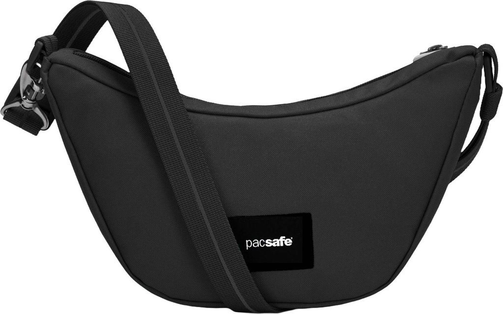 A black Pacsafe crossbody bag is shown against a white background.